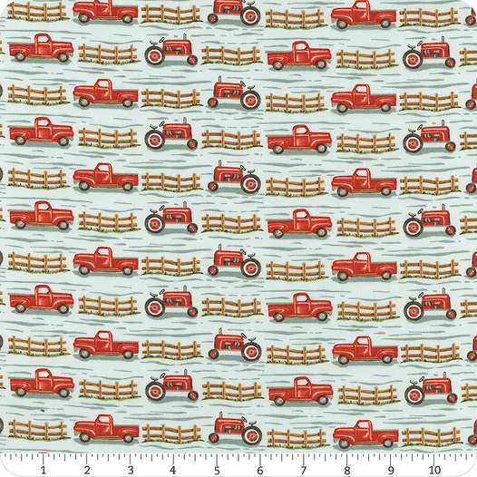 Willow’s Farm – Red Tractors on Sky fabric
