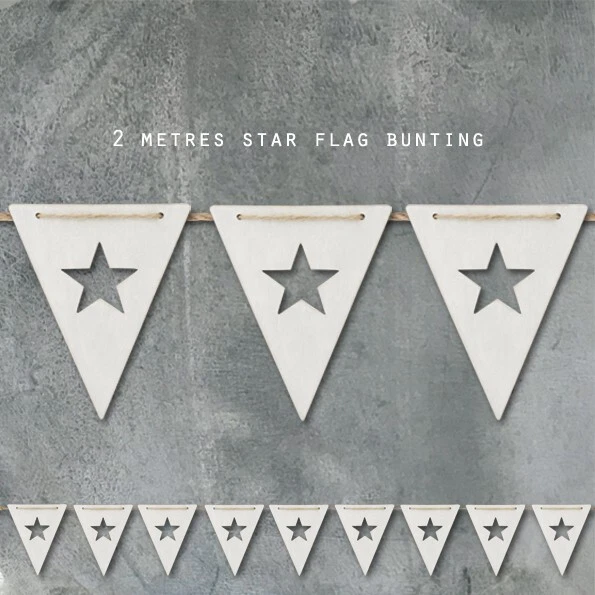 East Of India – White Wooden Flag Bunting With Cut Out Star – 2m