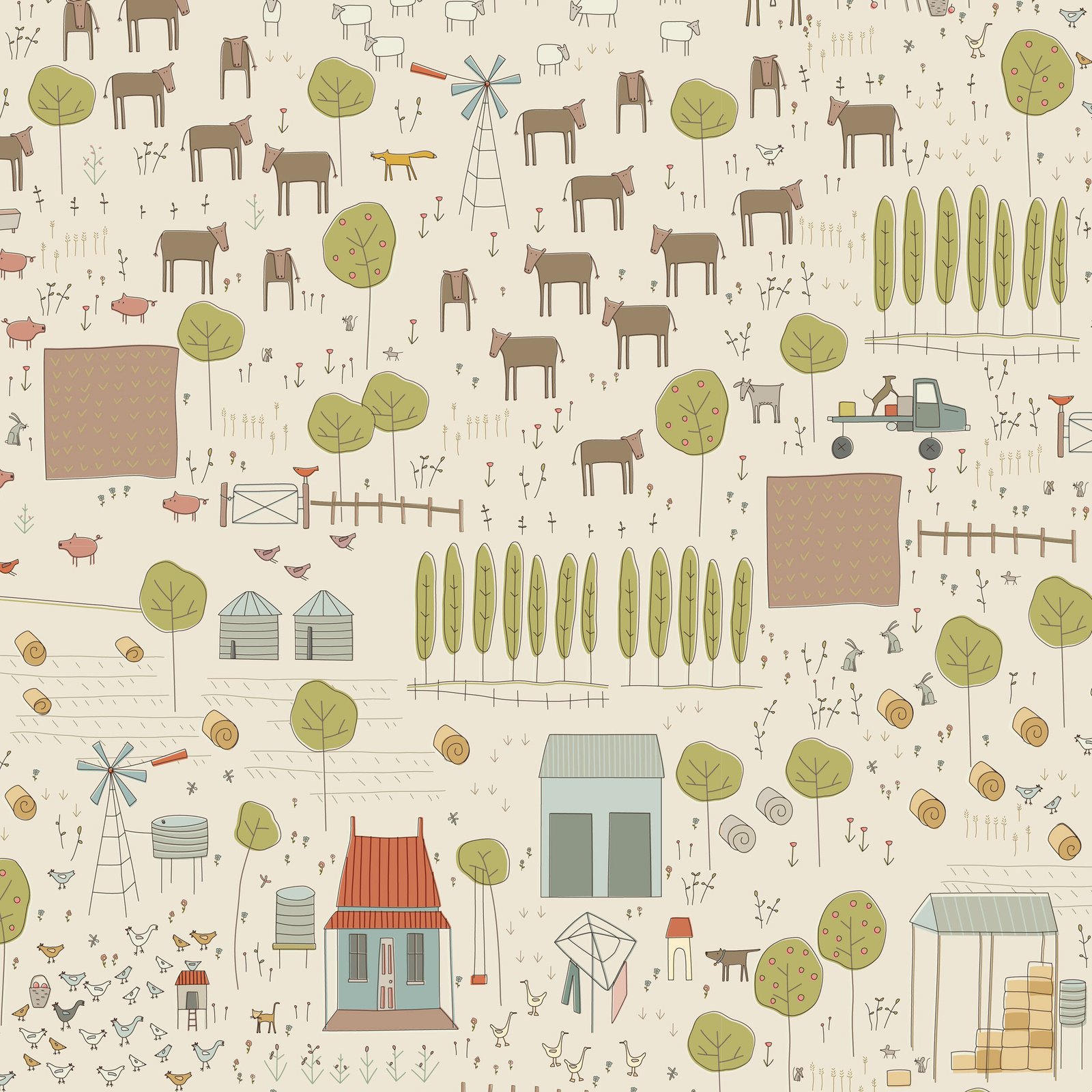 Appleby Farm – Hatched & Patched – Main Rural Scene Print – Natural Cream – DV7730