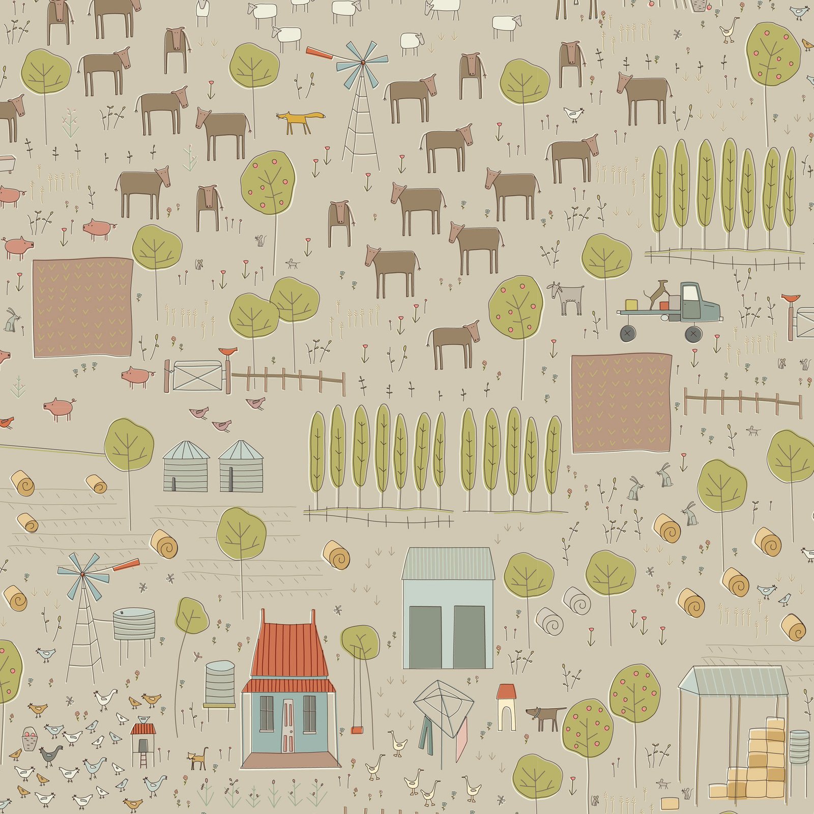 Appleby Farm – Hatched & Patched – Main Rural Scene Print – Taupe – DV7731