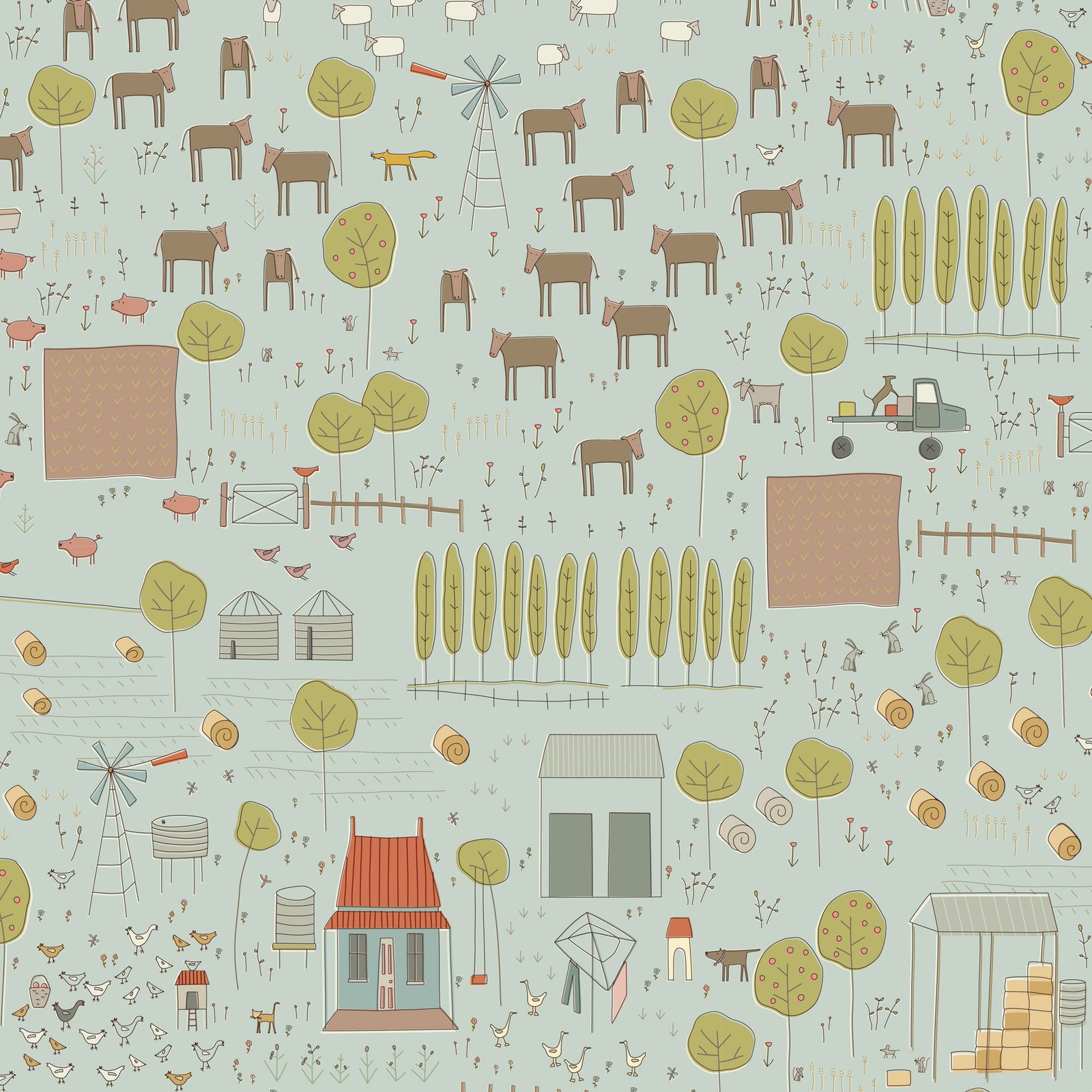 Appleby Farm – Hatched & Patched – Main Rural Scene Print – Pale Blue-Grey – DV7732