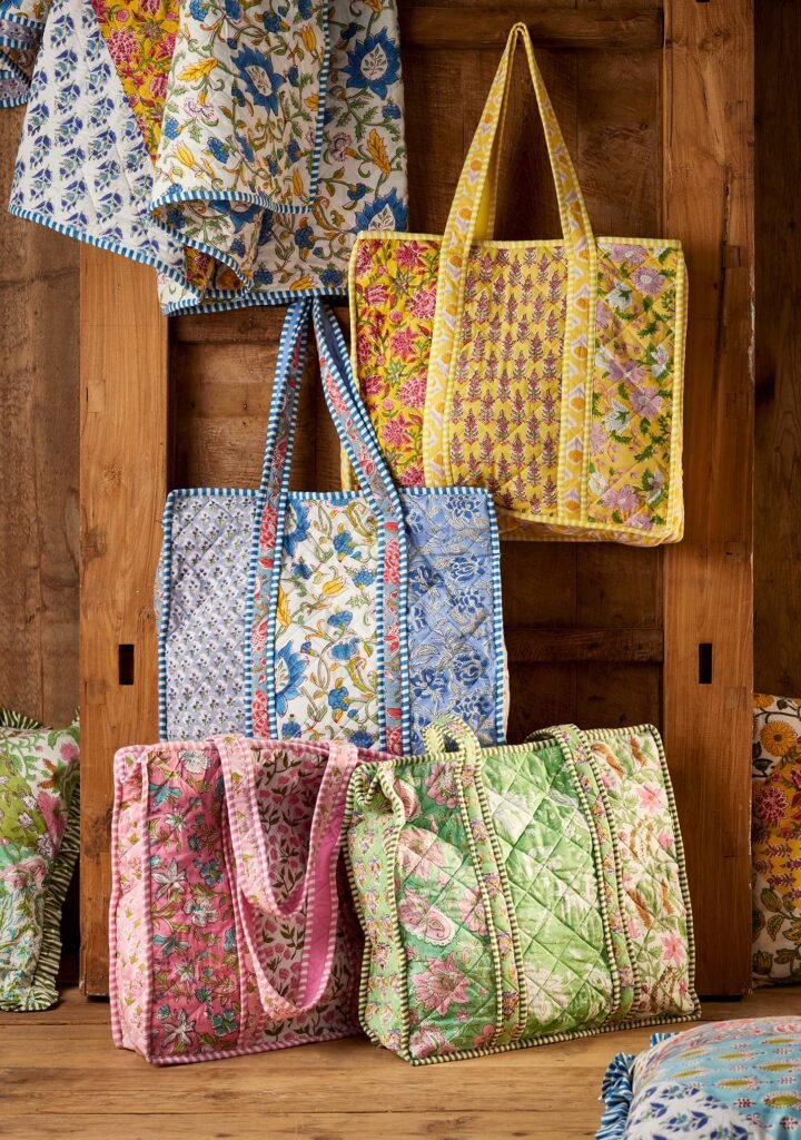 patchwork block print shopping bag pink