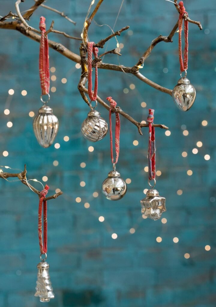 set of 6 silver recycled glass baubles