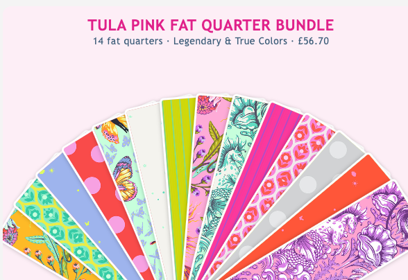 Tula Pink fat quarter bundle – 14 Legendary and True Colors fat quarters fanned out